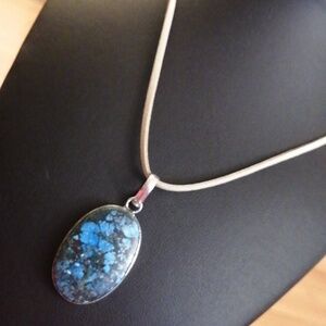Chrysocolla Stone Silver Plated Pendant Suede Cord Necklace 25" Long